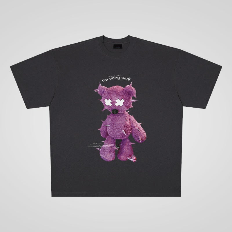 250G Heavy Cotton Reflective Bear Street Casual Oversize Large Board Short Sleeve T-Shirt Men And Women Couple Fashion - Image 2