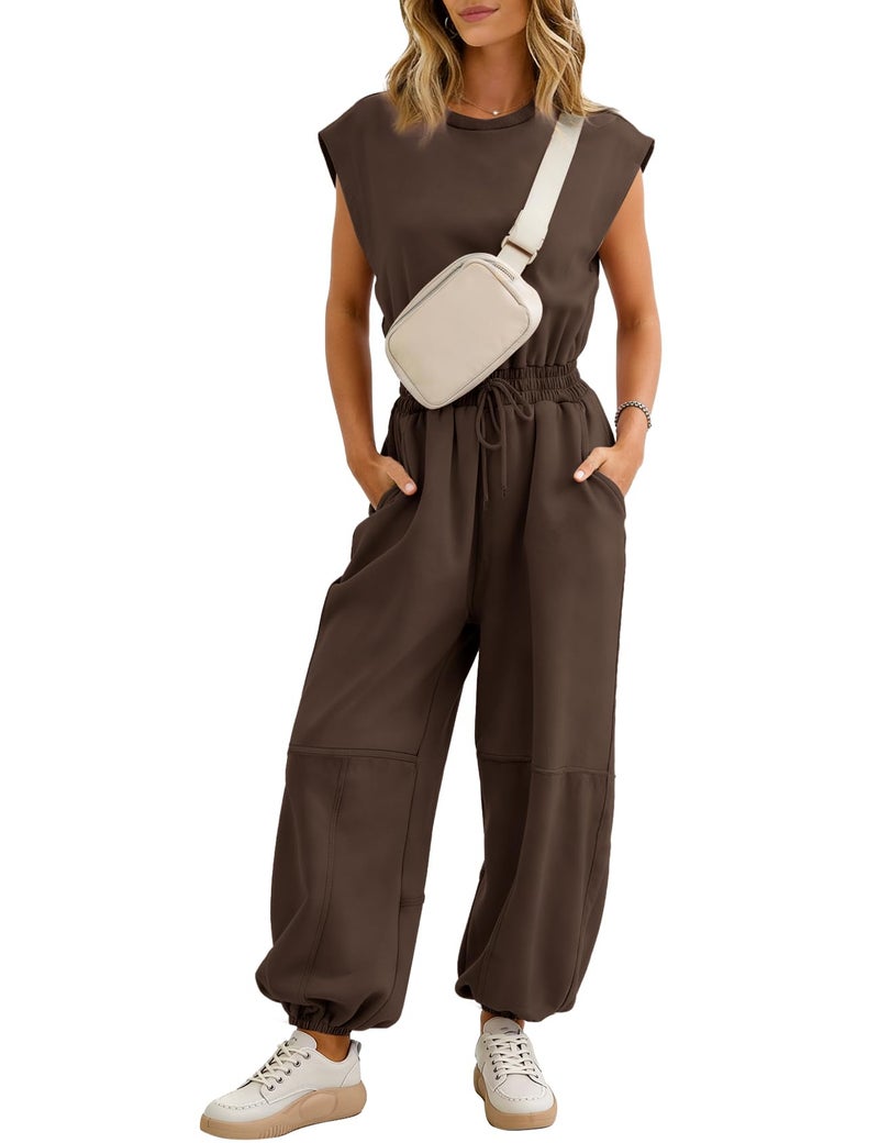 Flygo Womens Casual Jumpsuit Crewneck Cap Sleeve Long Wide Leg Pants One Piece Outfits Drawstring Romper with Pockets(Coffee-M) - Image 1
