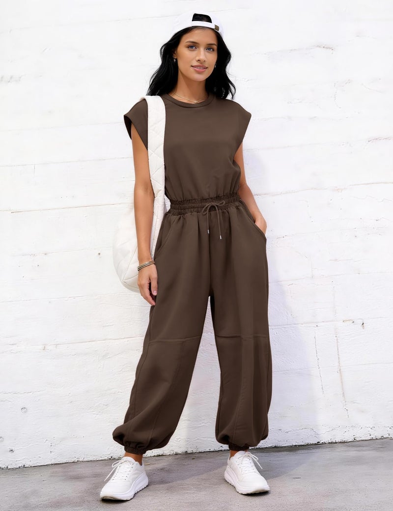 Flygo Womens Casual Jumpsuit Crewneck Cap Sleeve Long Wide Leg Pants One Piece Outfits Drawstring Romper with Pockets(Coffee-M) - Image 5