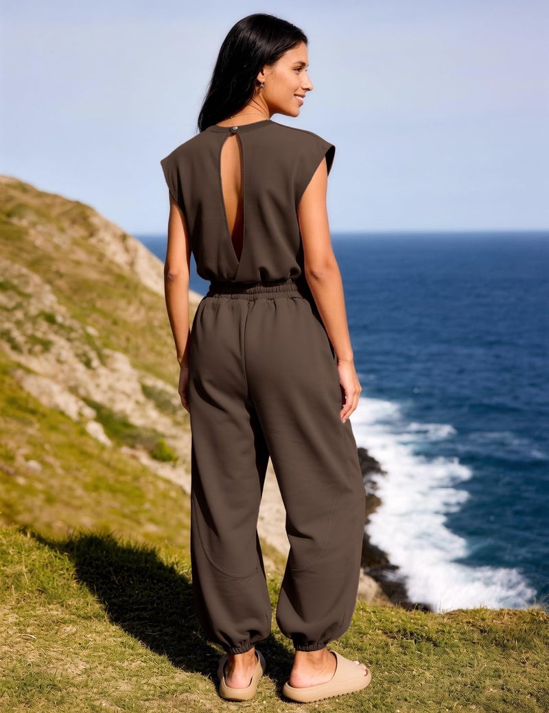 Flygo Womens Casual Jumpsuit Crewneck Cap Sleeve Long Wide Leg Pants One Piece Outfits Drawstring Romper with Pockets(Coffee-M) - Image 4