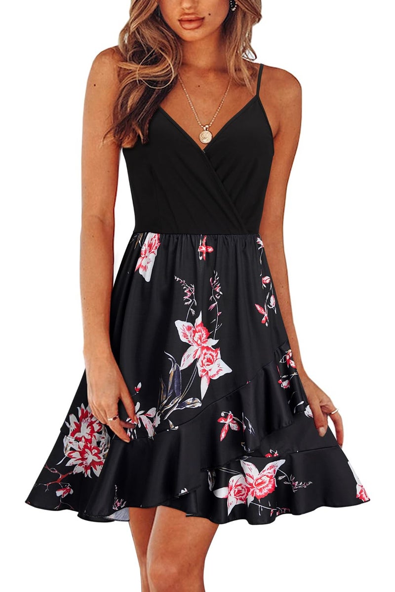 ULTRANICE Summer Dresses Womens Casual Sun Dresses Spring Black Floral Flowy Wrap Beach Wedding Vacation Outfits Clothes Midi Spaghetti Strap V Neck Dress(Black Pink White Floral,M) - Image 1