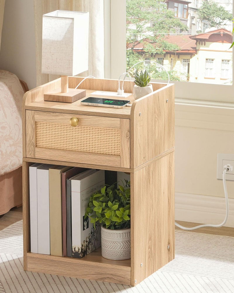 CHOEZON Nightstand with Charging Station, Side Table with Rattan-Style Drawer and Storage Shelf, Modern Rattan Night Stand with 2 USB Ports, Boho End Table Bedside Table for Bedroom, Natural MBZ01UWO - Image 1