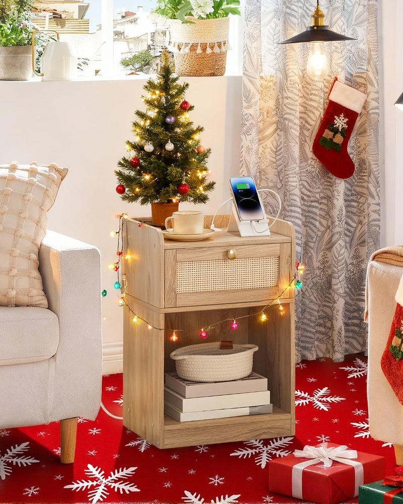 CHOEZON Nightstand with Charging Station, Side Table with Rattan-Style Drawer and Storage Shelf, Modern Rattan Night Stand with 2 USB Ports, Boho End Table Bedside Table for Bedroom, Natural MBZ01UWO - Image 3