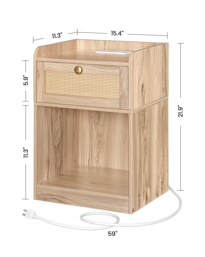 CHOEZON Nightstand with Charging Station, Side Table with Rattan-Style Drawer and Storage Shelf, Modern Rattan Night Stand with 2 USB Ports, Boho End Table Bedside Table for Bedroom, Natural MBZ01UWO - Image 2
