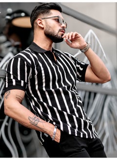 Maniac Mens Vertical Stripe Polo Neck 3/4th Sleeve Black PolyCotton Oversized T-Shirt  - Image 4