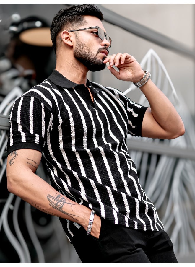 Maniac - Mens Vertical Stripe Polo Neck 3/4th Sleeve Black PolyCotton Oversized T-Shirt - Image 1