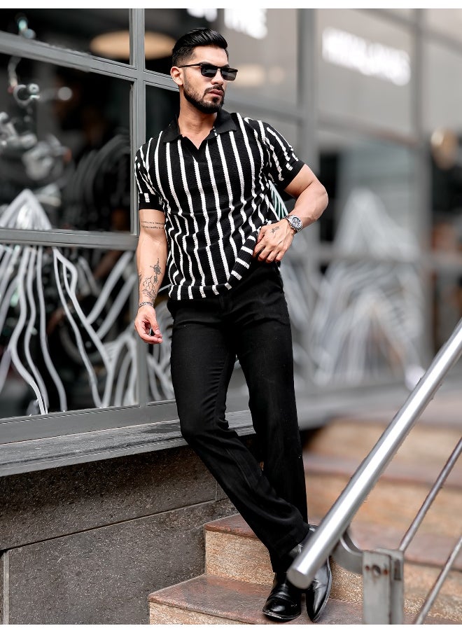Maniac - Mens Vertical Stripe Polo Neck 3/4th Sleeve Black PolyCotton Oversized T-Shirt - Image 1