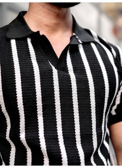 Maniac Mens Vertical Stripe Polo Neck 3/4th Sleeve Black PolyCotton Oversized T-Shirt  - Image 3