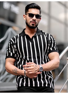 Maniac Mens Vertical Stripe Polo Neck 3/4th Sleeve Black PolyCotton Oversized T-Shirt  - Image 5