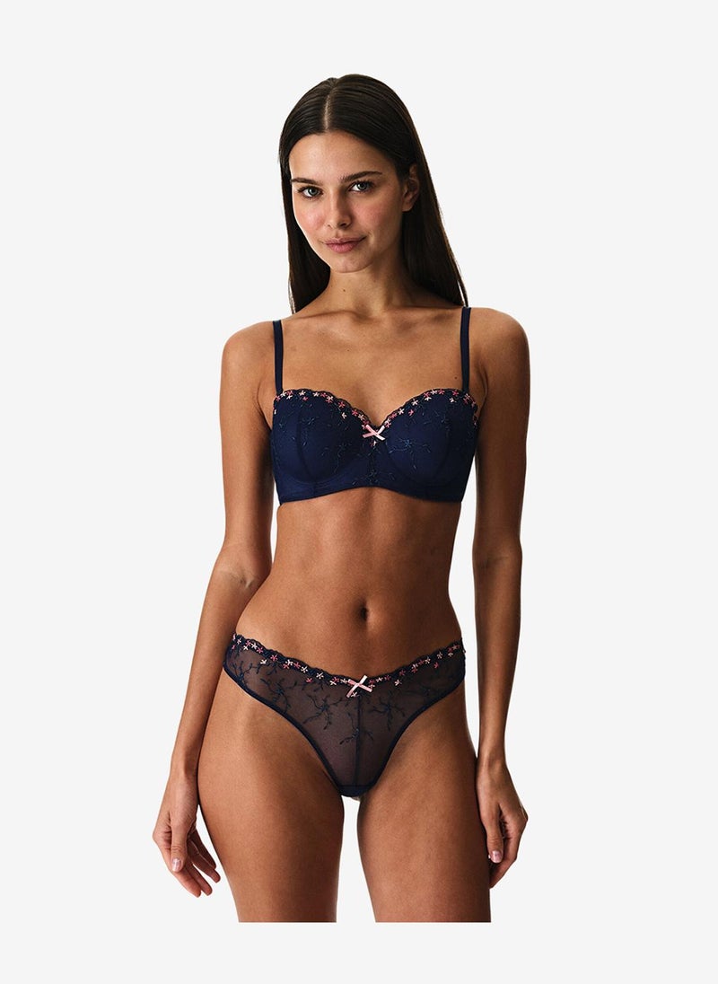 Penti Women Lotus Broidery Navy Strapless Wired Bra - Image 1