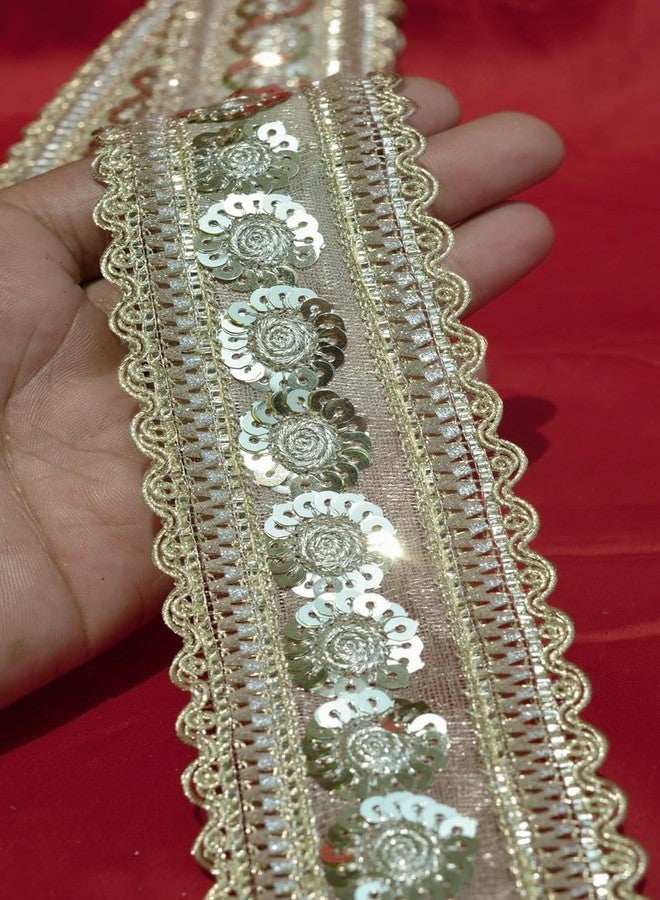 Lacesnmore Light Gold Zari Sequence Border Broad Lace for Sewing, Embroidery, Edging, Saree Border, Blouse, Dupatta Border, Lehenga, Kurti etc (Light Golden(palmet) -9meter) - Image 1