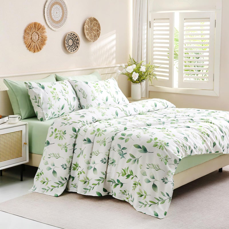 Swiftify Botanical 6-Piece Queen Bed Sheets Set, Boho Floral Print Brushed Microfiber Sheets, Cooling Bed Sheet Set, Ultra Soft & Breathable, 16' Deep Pocket Fitted Sheet & Pillowcase Set, Sage Green Leaves - Image 3