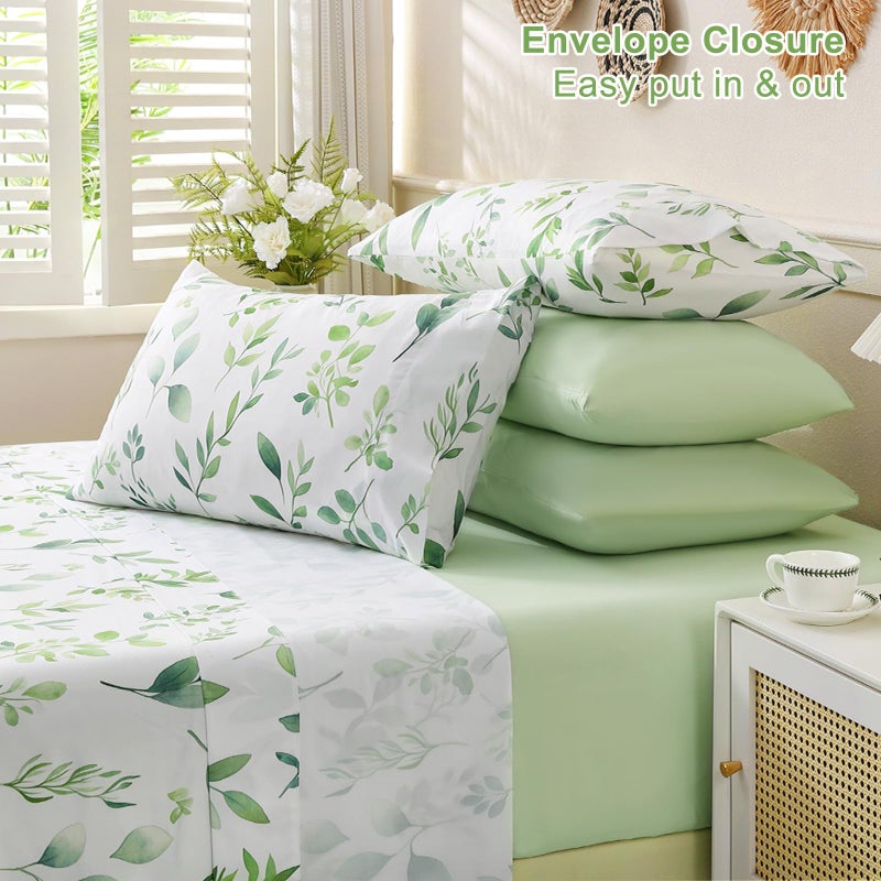 Swiftify Botanical 6-Piece Queen Bed Sheets Set, Boho Floral Print Brushed Microfiber Sheets, Cooling Bed Sheet Set, Ultra Soft & Breathable, 16' Deep Pocket Fitted Sheet & Pillowcase Set, Sage Green Leaves - Image 2