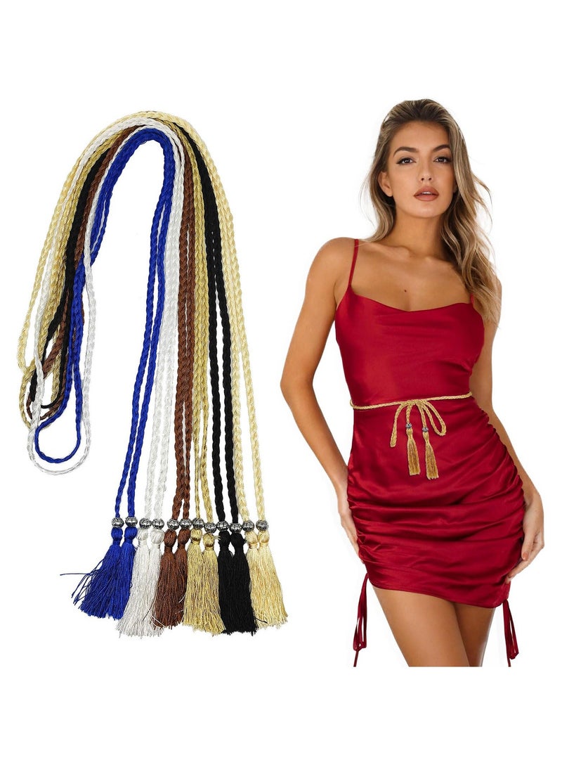 Y&D Women Girls PU Leather Waist Belt, 6 Pieces Women's Belts, Woven Tassel Chain Belt Rope Belt,Trendy Boho Thin for Dress with Double Skirt - Image 1