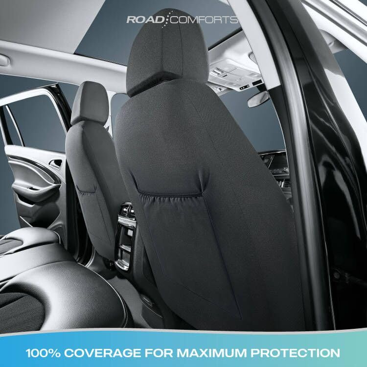 Road Comforts أغطية مقاعد السيارة راحة الطريق للمقعد الأمامي، ظهر منخفض متين وقابل للتنفس، واقي مقعد من الكتان، متوافق مع الوسائد الهوائية، غير متوافق مع حزام الأمان، غطاء مقعد قابل للغسل يناسب معظم السيارات والشاحنات وسيارات الدفع الرباعي والفانات باللون الأسود - Image 3