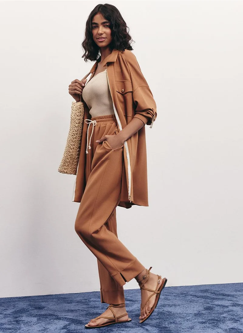 Kayra Pocket-Detail Scuba Two-Piece Set in Tobacco