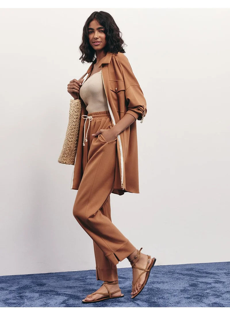 Kayra Pocket-Detail Scuba Two-Piece Set in Tobacco