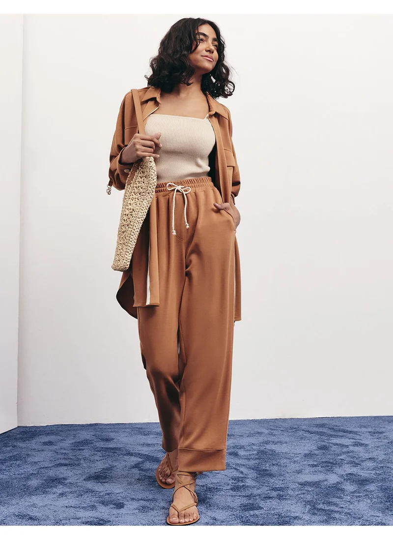 Kayra Pocket-Detail Scuba Two-Piece Set in Tobacco