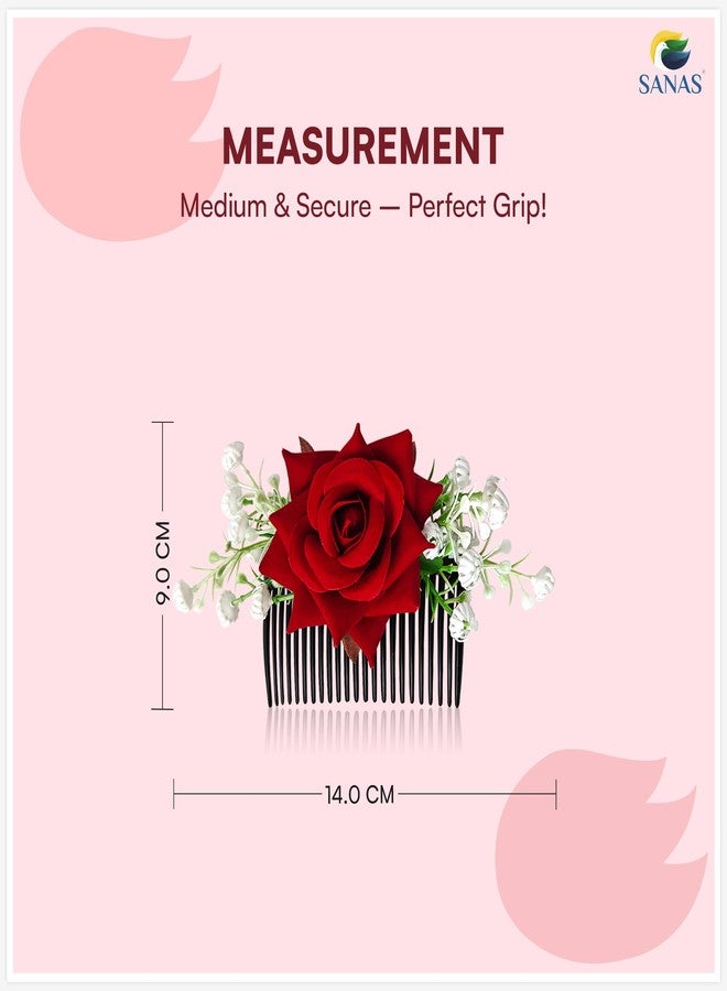 Sanas Red Rose Hair Accessories For Women Stylish (1Pc) French Pins For Hair Brooch For Women Traditional Artificial Flower For Hair Bun Accessories For Woman Party (1Pc) (Realistic Red Rose Shade) - Image 2