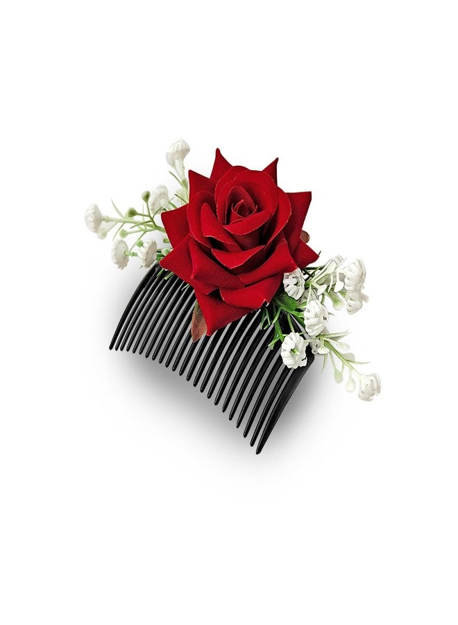 Sanas Red Rose Hair Accessories For Women Stylish (1Pc) French Pins For Hair Brooch For Women Traditional Artificial Flower For Hair Bun Accessories For Woman Party (1Pc) (Realistic Red Rose Shade) - Image 1