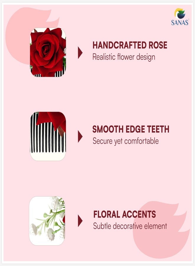 Sanas Red Rose Hair Accessories For Women Stylish (1Pc) French Pins For Hair Brooch For Women Traditional Artificial Flower For Hair Bun Accessories For Woman Party (1Pc) (Realistic Red Rose Shade) - Image 4