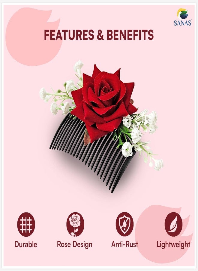 Sanas Red Rose Hair Accessories For Women Stylish (1Pc) French Pins For Hair Brooch For Women Traditional Artificial Flower For Hair Bun Accessories For Woman Party (1Pc) (Realistic Red Rose Shade) - Image 5