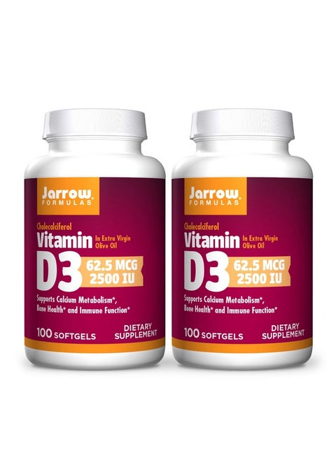 Jarrow Formulas Vitamin D3 2500 IU - 100 Softgels, Pack of 2 - Bone Health, Immune Function & Calcium Metabolism Support - 200 Total Servings