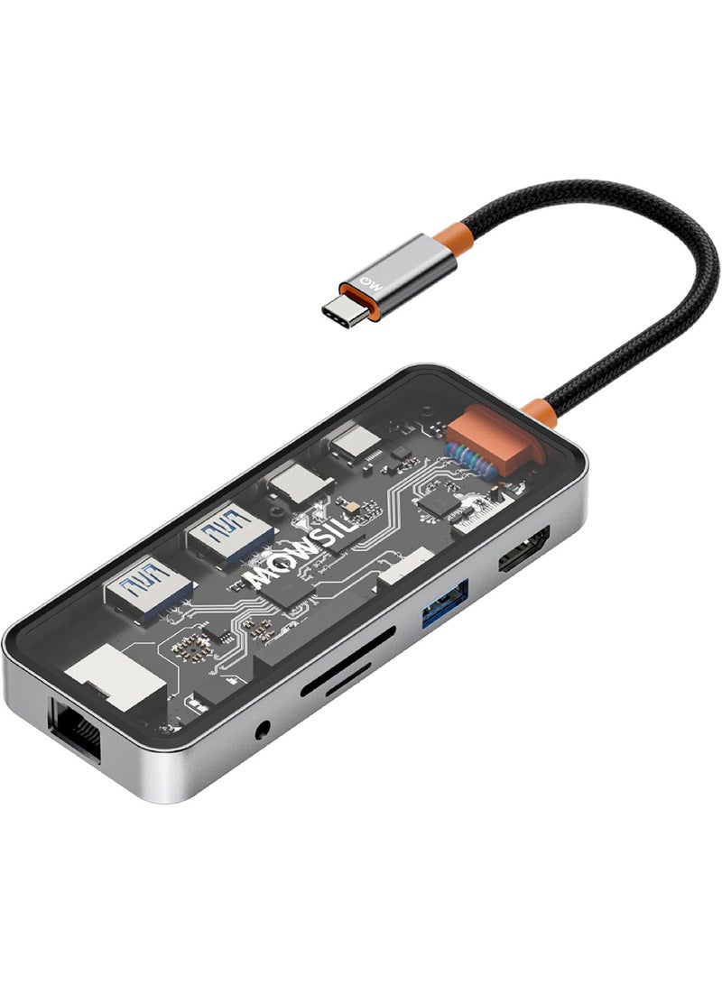 MOWSIL Mowsil USB-C Hub 10-in-1, HDMI 4K 60Hz, Type C PD 100W, RJ45 Gigabit Ethernet, SD/TF Card Reader, 3 x USB 3.0, Type-C Data, 3.5mm Audio Jack, 12CM Braided Cable, Zinc Alloy - Image 1