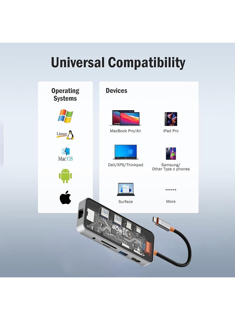 MOWSIL Mowsil USB-C Hub 10-in-1, HDMI 4K 60Hz, Type C PD 100W, RJ45 Gigabit Ethernet, SD/TF Card Reader, 3 x USB 3.0, Type-C Data, 3.5mm Audio Jack, 12CM Braided Cable, Zinc Alloy - Image 4