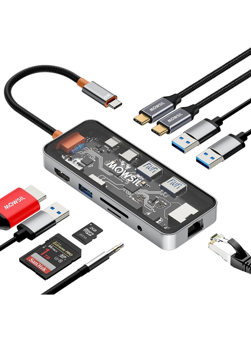 MOWSIL Mowsil USB-C Hub 10-in-1, HDMI 4K 60Hz, Type C PD 100W, RJ45 Gigabit Ethernet, SD/TF Card Reader, 3 x USB 3.0, Type-C Data, 3.5mm Audio Jack, 12CM Braided Cable, Zinc Alloy - Image 5