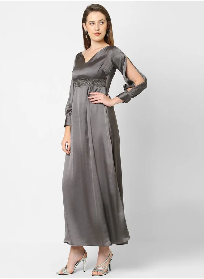 Mish Solid Satin Maxi Dress with Slit Sleeve