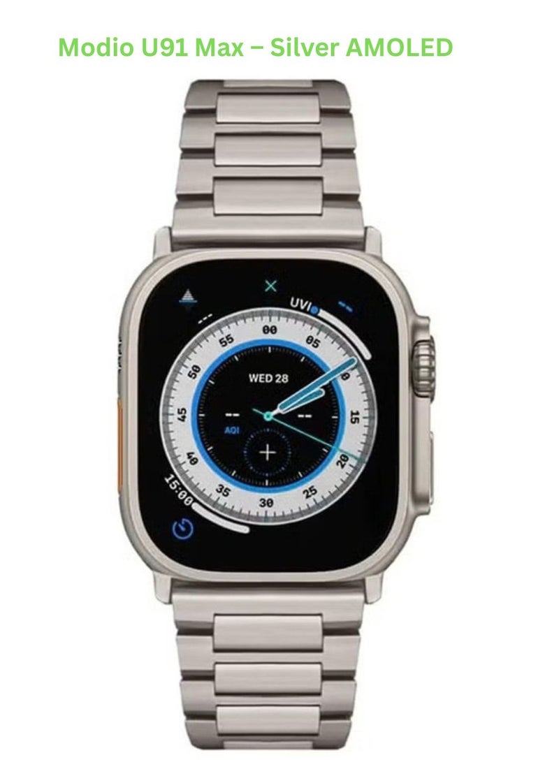 Modio U91 Max 2.3" AMOLED Smartwatch Silver with 4 Interchangeable Straps – Fitness Tracker, Heart Rate & SpO₂ Monitor, Android & iOS Compatible - Image 1