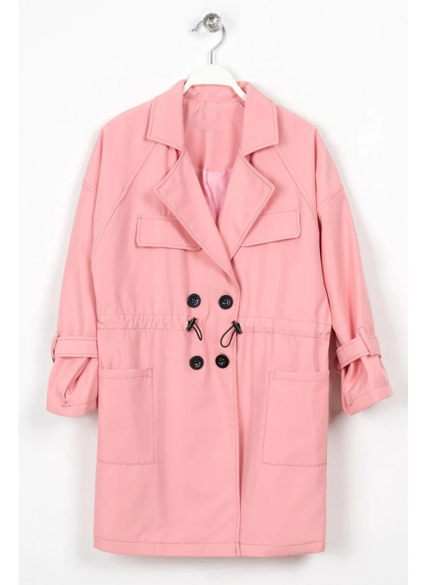 Zepkids Double Breasted Long Sleeve Double Breasted Collar Waist Tie Powder Color Girl's Trench Coat