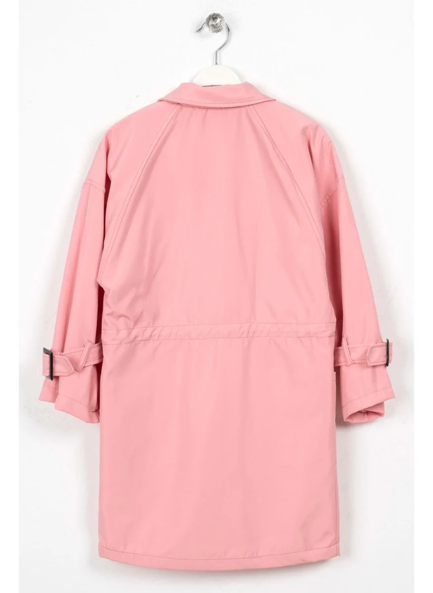 Zepkids Double Breasted Long Sleeve Double Breasted Collar Waist Tie Powder Color Girl's Trench Coat