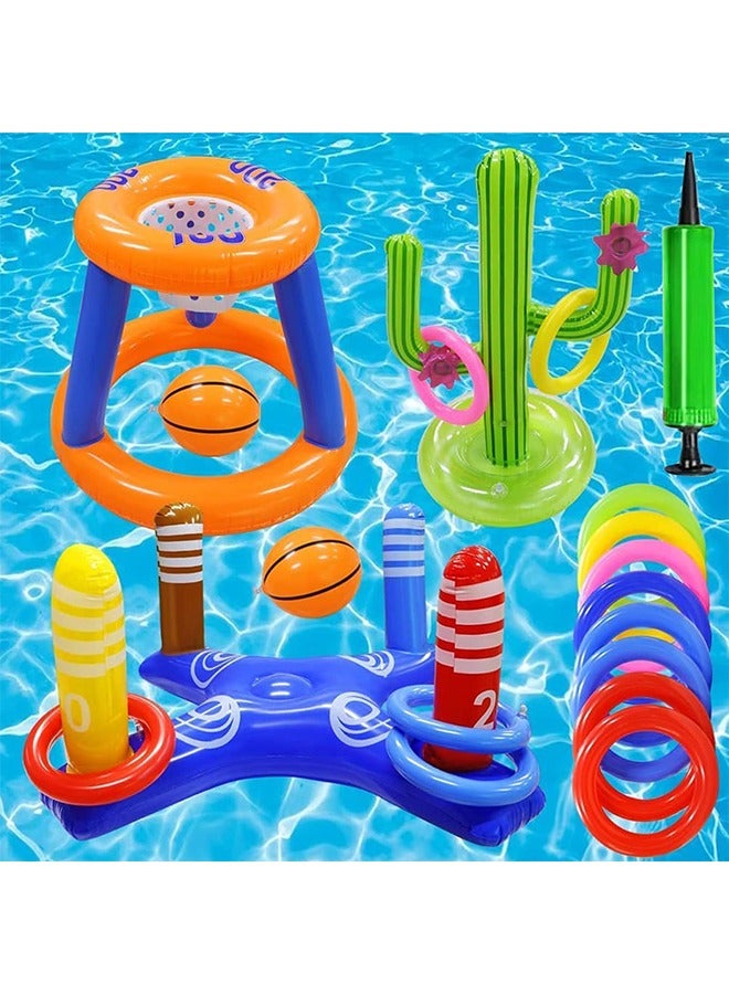 Topyich Pool Toys Games Set,Pool Basketball Hoop Inflatable Cross Ring Toss Game and Inflatable Cactus Kids for Teens Adults and Family  - Image 2