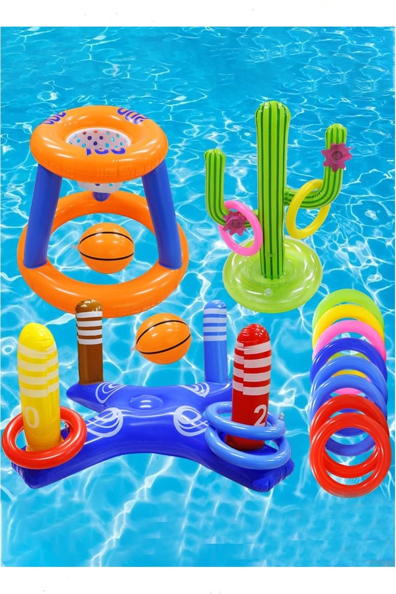 Topyich Pool Toys Games Set,Pool Basketball Hoop Inflatable Cross Ring Toss Game and Inflatable Cactus Kids for Teens Adults and Family  - Image 1