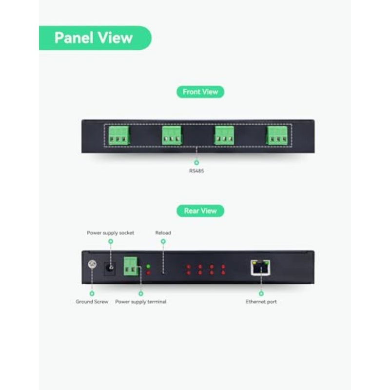 محول RS485 إلى Ethernet صناعي لتطبيقات بوابة Modbus RTU/TCP، غلاف معدني، أسود، دعم حوسبة الحافة، قابل للتركيب على الحائط/السكك الحديدية - Image 2