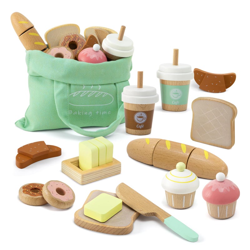 Frogprin 17 PCS Wooden Bakery Toy Food Playset for Kids Pretend Picnic Play Food for Toddlers 3 Play Kitchen Accessories with Shopping Bag Cutting Food Toys Gift for Girls Boys and Girls - Image 3