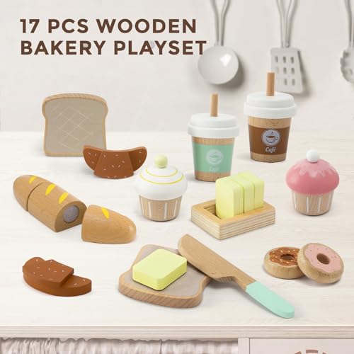Frogprin 17 PCS Wooden Bakery Toy Food Playset for Kids Pretend Picnic Play Food for Toddlers 3 Play Kitchen Accessories with Shopping Bag Cutting Food Toys Gift for Girls Boys and Girls - Image 5
