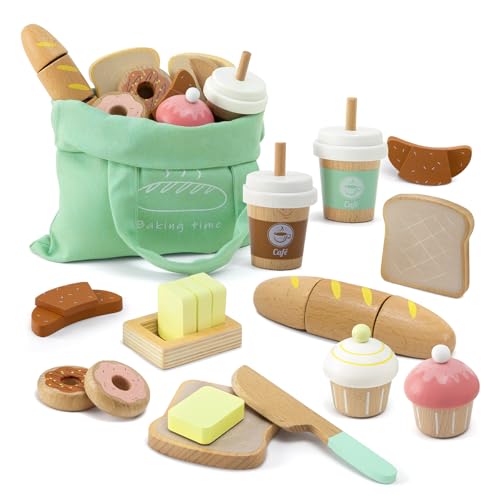 Frogprin 17 PCS Wooden Bakery Toy Food Playset for Kids Pretend Picnic Play Food for Toddlers 3 Play Kitchen Accessories with Shopping Bag Cutting Food Toys Gift for Girls Boys and Girls - Image 1