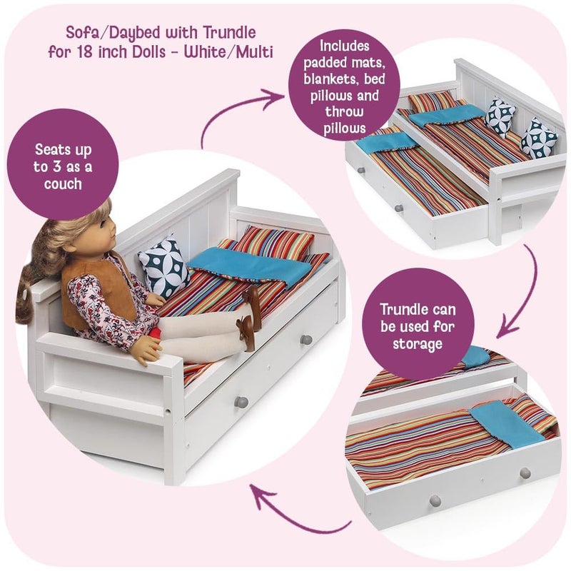 Badger Basket Sofa Daybed with Trundle for 18Inch Dolls  Complete Bedding Set for Imaginative Play  Sleepovers - Image 3