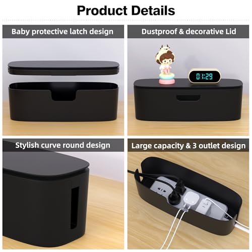 Naeety Cable Management Box - Large Cord Organizer Box to Hide Power Strip & Under Desk, TV Computer Wires Cable Organizer Box with Baby Proofs, Desk Cord Organizer for Home/Office - Black - Image 3