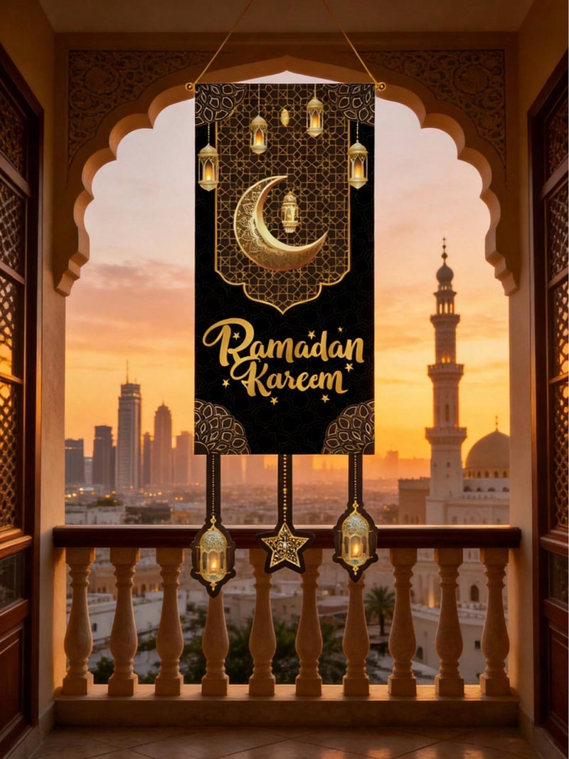 زينه رمضان لافتة بعبارة رمضان كريم بتصميم هلال وفوانيس للديكور الداخلي - زينه احتفال بشهر رمضان - Image 2