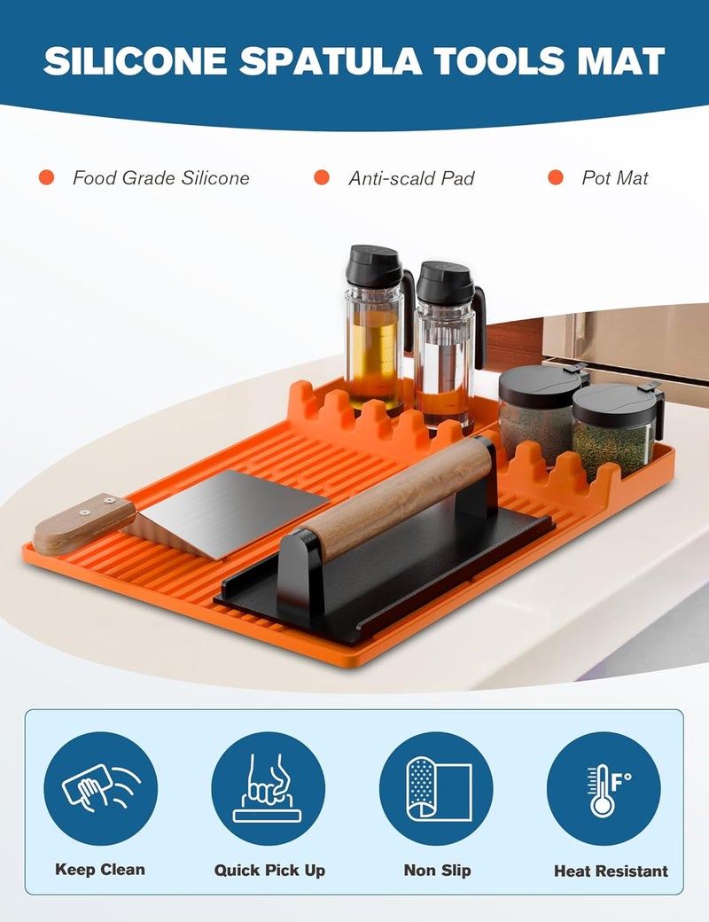 visnfa Silicone Griddle Tools Mat for Blackstone, Heat Resistant Spatula Mat, BBQ Grill Tool Rest, Silicone Grill Pad，Blackstone Griddle Accessories for Kitchen, Cooking & Countertop（Orange） - Image 3
