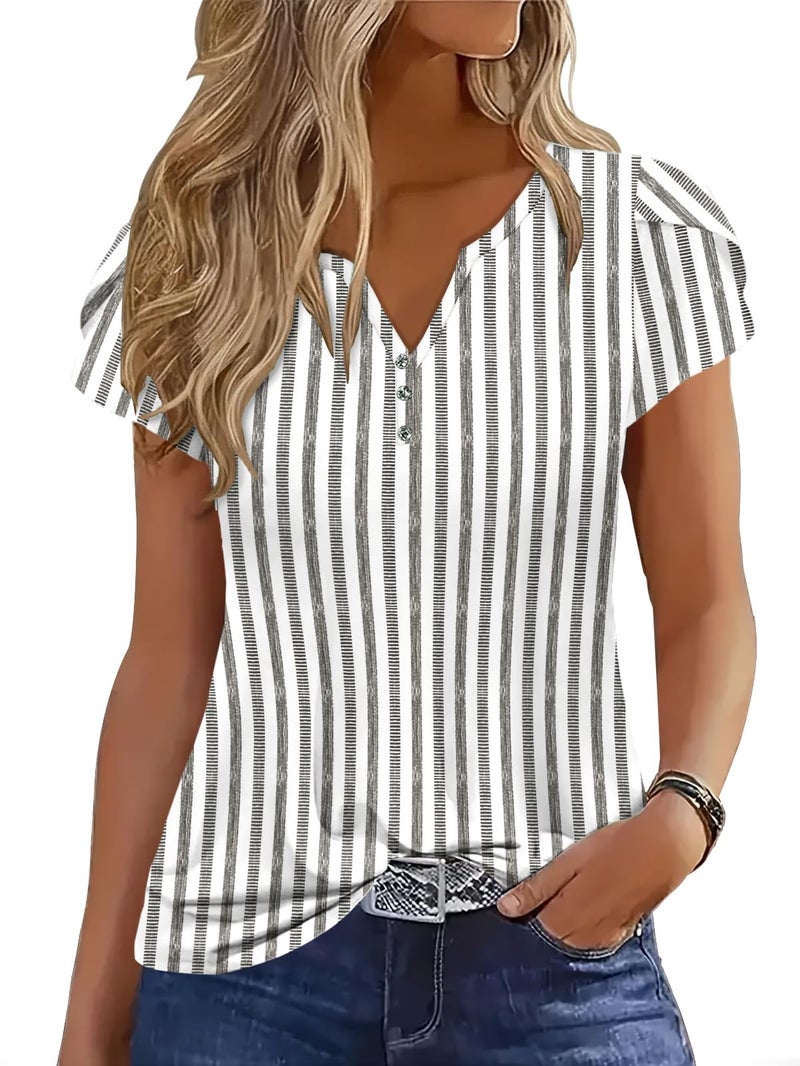 ETCYY Spring Tops for Women 2026 Trendy Summer Petal Short Sleeve T Shirts Trendy Striped Tunic V Neck Dressy Casual Blouse,Striped Gray,Large - Image 1