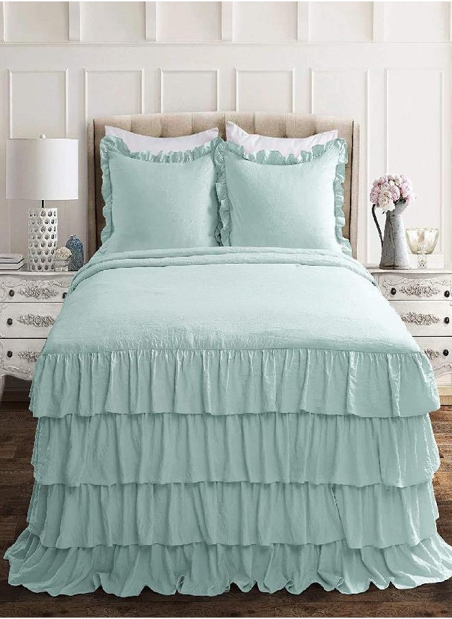 Lush Decor Lush Decor Lush Décor Allison Ruffle Skirt Bedspread Aqua Vintage Chic Farmhouse Style Lightweight 3 Piece Set Full,  - Image 2