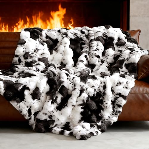 VFROO Ultra Plush Bubble Faux Rabbit Fur Blanket – 950GSM Thick Fluffy Throw Blanket for Bed, Couch, Sofa, Home Decor or Mothers Day Birthday Gifts for Women, 50" × 60", Black Cow - Image 1