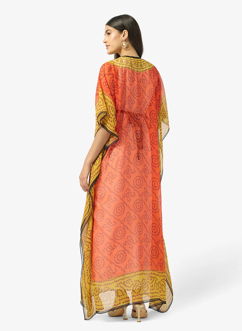 ارابيان كلوزيت Modern Bandhani Print V-Neck Kaftan