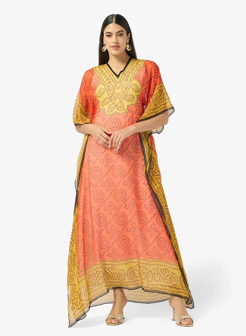 ارابيان كلوزيت Modern Bandhani Print V-Neck Kaftan