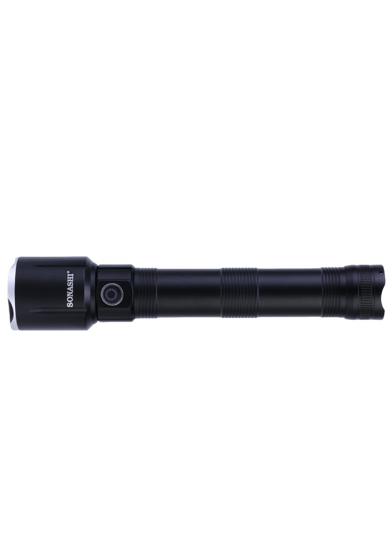 SONASHI Rechargeable LED Torch with Zoom Function | 6000mAh Battery with Type-C Charging | 1200 Meters Long Coverage | Hyper Bright 20-Watt Laser LED with 3 Hours Continuous Working | LED Flashlight for Camping & Hiking | SLT-3811Z Black (Pack of 2)  - Image 3